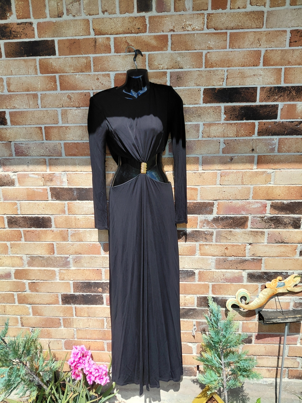 Ramy Brook Black Long Sleeve Cutout Maxi Dress with Gold Accent